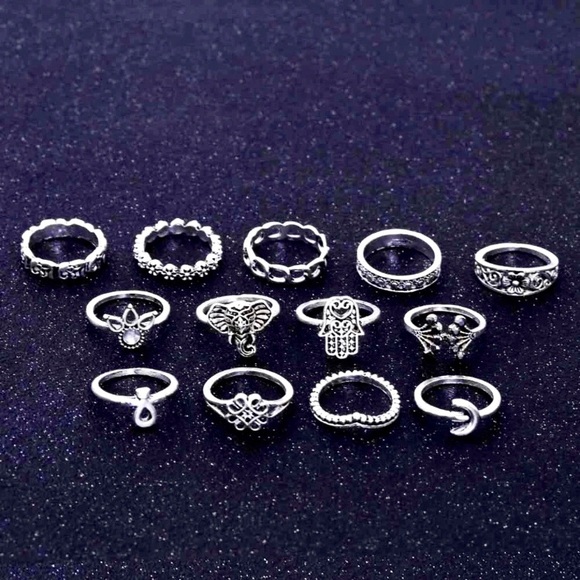 13 Piece BoHo Antiqued Silver Midi-Ring Set - Picture 3 of 12
